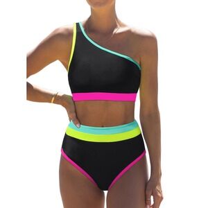 NWT Popvil One Shoulder Neon Colorblock High Waist Tummy Control Bikini Set XL